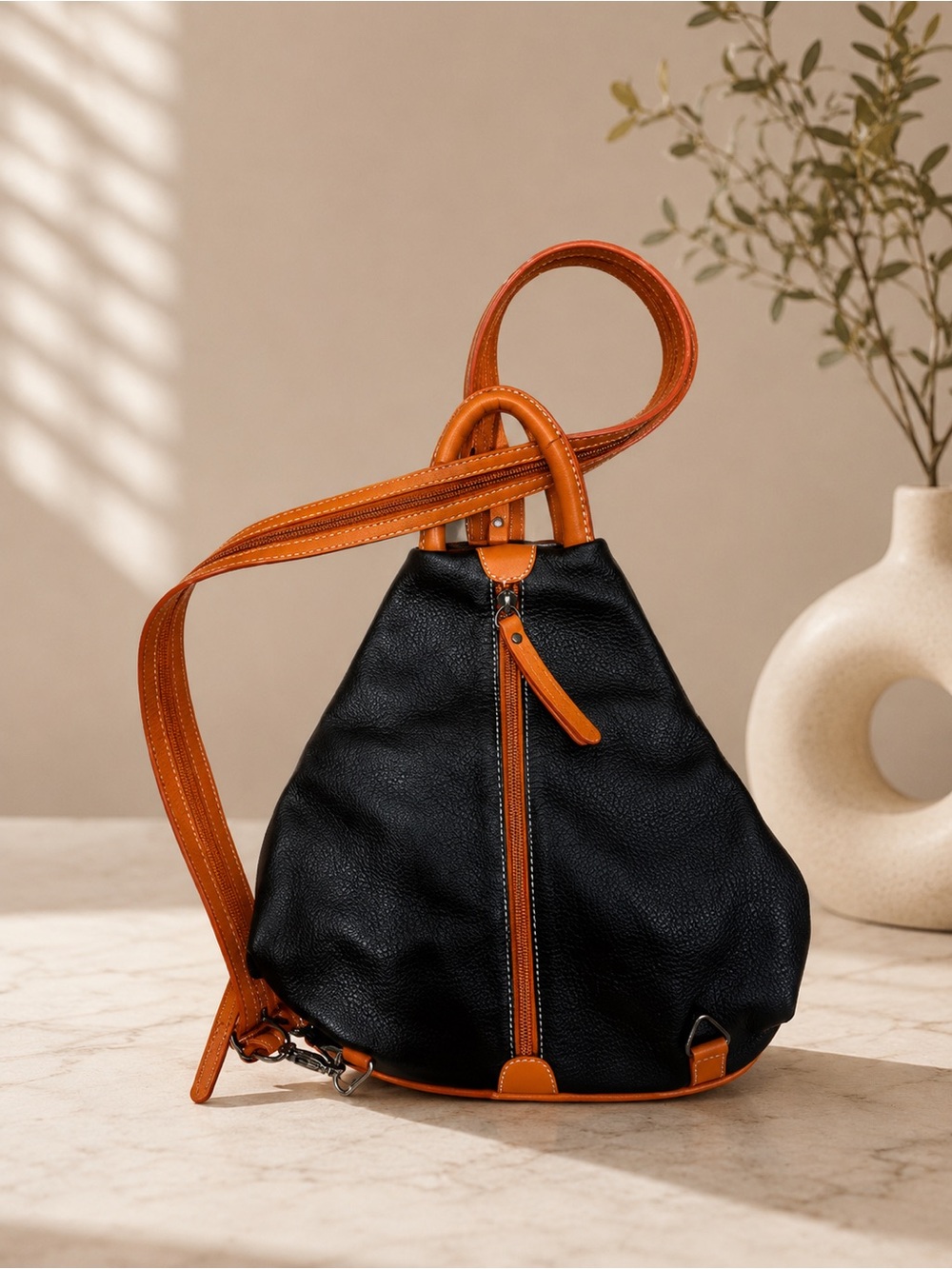 Vera Pelle Black Italian Leather convertible/backpack Crossbody with Orange trim